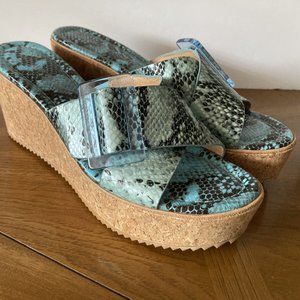 NWOB Donald Pliner Cork Wedge Sandal 7.5 Illiad Blue Turquoise Buckle (b…
